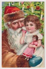 Postcard Merry Christmas Santa & Pretty Little Girl Christmas Tree Candles Doll picture