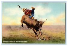 c1940's Leonard Womach On Wild Brahma Steer Cowboy Bucking Rodeo Postcard picture