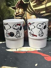 X2 Vintage 1965  Peanuts Snoopy 4” Plastic Cups/Mugs Red Baron/Tennis/Baseball picture