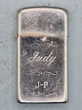 Vintage 1970 High Polish Chrome Slim Zippo Lighter Engraved Judy J-P picture