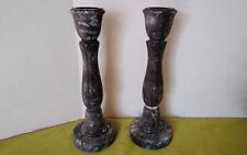 Candle Holders Pair 11” Black Stone Candle Stick Holders Rock Marbled Gray White picture