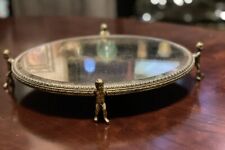 Vintage Brass or Bronze Cherub Footed Vanity Tray Plateau Dresser Mirror Round   picture