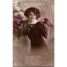Vintage Edwardian Postcard Woman with Flowers Best Birthday Wishes Poem 1900's picture