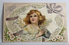 C.1909 Beautiful Portrait Angel Inside Large Easter Egg Bow Postcard   picture