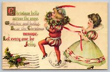 Christmas Boy Tights Girl Wreath Holly Mistletoe Gown Hat Costume Postcard picture