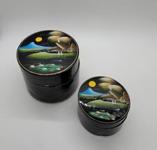 Pair of Vintage Hand Painted Wooden Lacquer Round Nesting Trinket Jewelry Boxes  picture