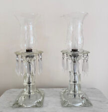 Pair Vintage 1940's  Etched Clear Glass Electric Hurricane Table Lamps Prisms picture