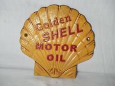 CAST IRON GOLDEN SHELL MOTOR OIL WALL SIGN PLAQUE CLAM SHAPED RAISED LETTERS picture