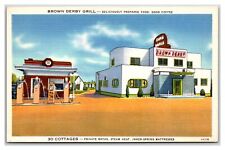 BROWN DERBY GRILL, GAS STATION, EVANSVILLE, INDIANA LINEN ADVERTISING UNP nice picture