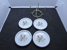 Vintage Interpur Set of 4 Bird Plates 3.5 inch Porcelain Coasters Brass Holder picture