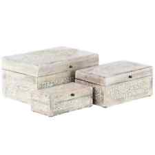 Set of 3 Natural Mango Wood Whitewashed Carved Design Boxes  - Olivia & May picture