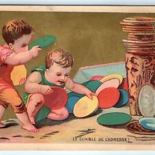 c1880s French Boy's Playing Victorian Stock Trade Card Gold Litho Children C24 picture