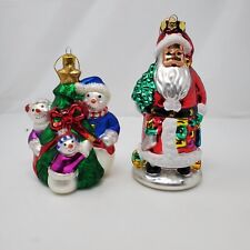 Santa Claus w/ Tree & Snowman Mercury Glass Figural Christmas Ornaments Large 7” picture