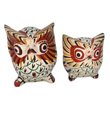 Pair OWLS Hand Painted Folk Art Wood Birds Set Two Figurines Mom Baby Decorative picture