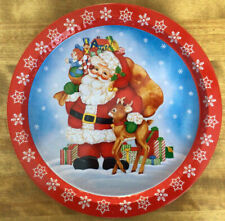 VTG GIFTCO Painted Metal Christmas Tray, Santa W/Toy Sack And Reindeer, 13”~NEW picture