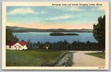 Rangeley Lake Island Maine Mountains Forest Linen Country Road Vintage Postcard picture