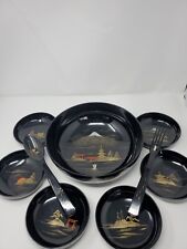 Vintage MCM Aizu Hand Painted Gilded Black Lacquer 9pc Salad Set Bowls & Servers picture