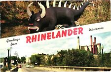 Rhinelander Wisconsin Paper Mill Hodag Postcard 1950s Banner Greetings Old Cars picture