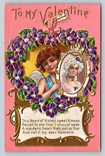 Antique Early 1900s PC Cupid Victorian Valentine Lady Portrait Heart of Violets picture