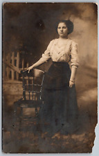 Canton Ohio c1910 RPPC Real Photo Postcard Young Woman Standing by Chair picture