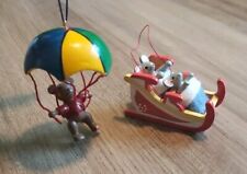Lot of 2 Vintage Small Wooden Ornaments Mouse In Sled Bear Parachute Figurines picture
