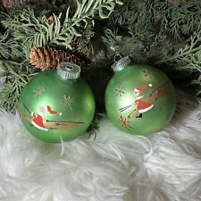 2 VINTAGE Green Glass Ball Christmas Ornament Hand Painted Santa 3