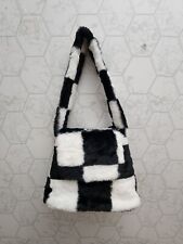 No Boundaries Fuzzy Fluffy Checkered Black White Hand Shoulder Bag Purse NWT picture