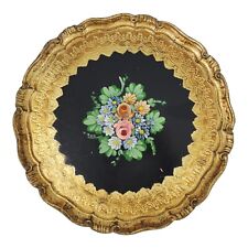 Vintage Italian Tole Carved Wood Tray Platter Hand Painted Florentine Italy picture