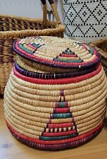 Vintage hand woven Grass basket With Lid And Leather Bottom..Unknown Origin picture