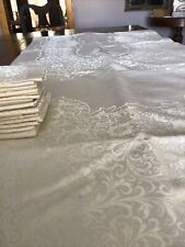 Antique French Champagne Damask Large Tablecloth Floral Scrolls Mono~12 Napkin picture