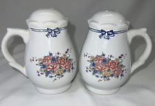 Salt and Pepper Shakers with Blue Bow & Flowers Porcelain With Handles Vintage picture