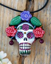 Day of the Dead Frida Kahlo Sugar Skull Necklace Clay Handmade Mexican Folk Art picture