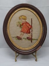 Child with Flowers and Walking Stick Vintage Needlepoint 12x10 framed Picture  picture