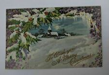 Antique 1900s Postcard To Wish You A Merry Christmas Holly Snow Winter Scene picture