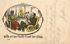 Postcard Comic Her faults I Love Her Still woman jaw tied shut gagged pm 1906 picture