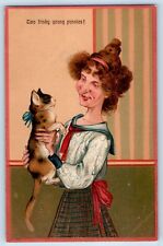 PFB Postcard Ugly Woman Curly Hair With Cat Kitten Embossed c1910's Antique picture