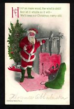 5002 Antique Vintage Christmas Postcard Santa Fireplace Stockings Green Boots picture