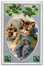 c1910's Christmas Sad Cats Holly Berries Pansies Flowers Embossed Postcard picture