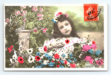 RPPC Hand Tint Little Girl Vivid Flowers Bracelet Studio Posed PU 190? (A367) picture