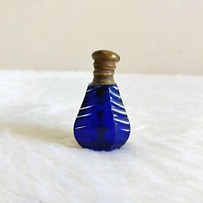 Vintage Victorian Cobalt Blue Cut Glass Perfume Bottle Brass Cap Decorative GL27 picture
