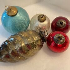 Kugel Glass Christmas  Ornaments Lot of 5 Red Blue Cream & Pinecone Copper Color picture