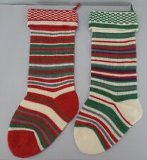 Lot of 2 Christmas Knit Stockings Green White Red Stripes 21