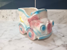 Vintage Ceramic Planter Baby/Nursery Bird Pink & Blue Car Vehicle Taiwan  1681 picture