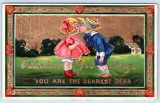 1912 VALENTINE GREETINGS YOU ARE THE DEAREST DEAR KISSING COUPLE GOLD EMBELLISH picture