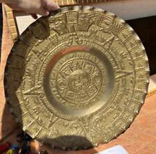 Vintage Large Round Hand Embossed Brass Chager Plate Dish Mayan Art Sun Calendar picture