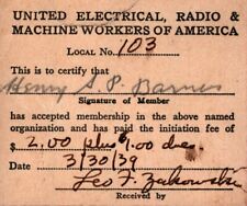 1939  United Electrical  Workers  Local  103  Membership Card picture