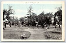 Wadena Minnesota~Park Fountain~Benches on Path~1947 B&W Blue Sky~Postcard picture