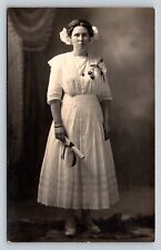 RPPC Lady in White Dress w/Large Bow in Hair AZO 1904-18 ANTIQUE Postcard 1484 picture