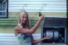 1976 candid of pretty blonde woman with beer vintage 35mm SLIDE Gg11 picture