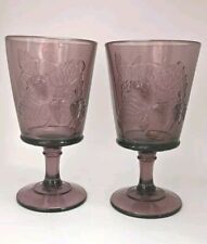 Set of 2 Purple Amethyst Glass Drinking Goblets Pedestal Grapevine & Strawberry picture